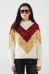 Q2 burgundy and beige color block knit sweater with sequin embellishment