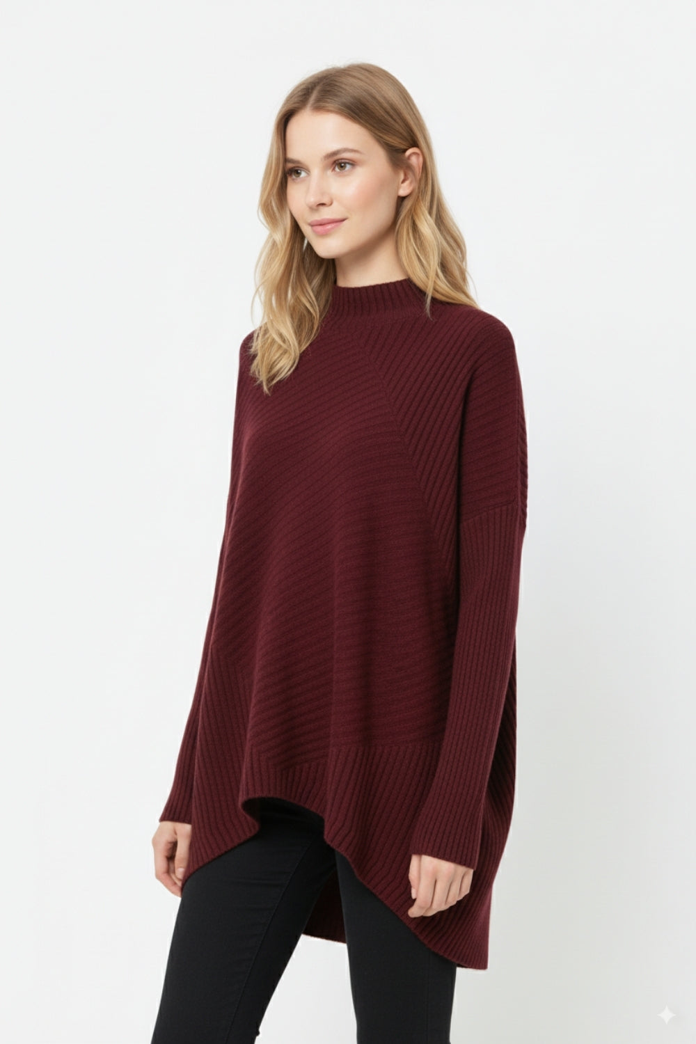 Burgundy Asymmetric Ribbed Knit Sweater Tunic