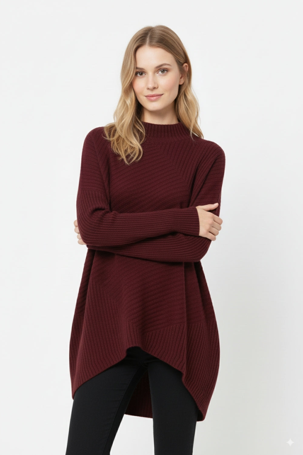 Burgundy Asymmetric Ribbed Knit Sweater Tunic