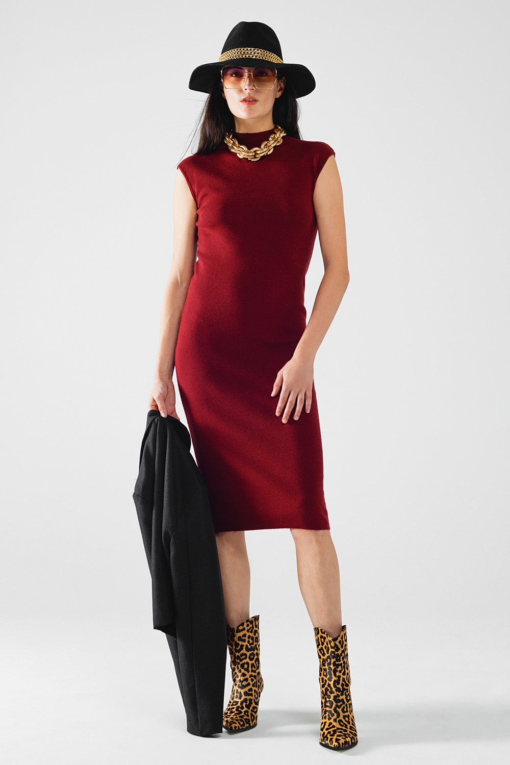 Q2 burgundy bodycon sleeveless midi dress