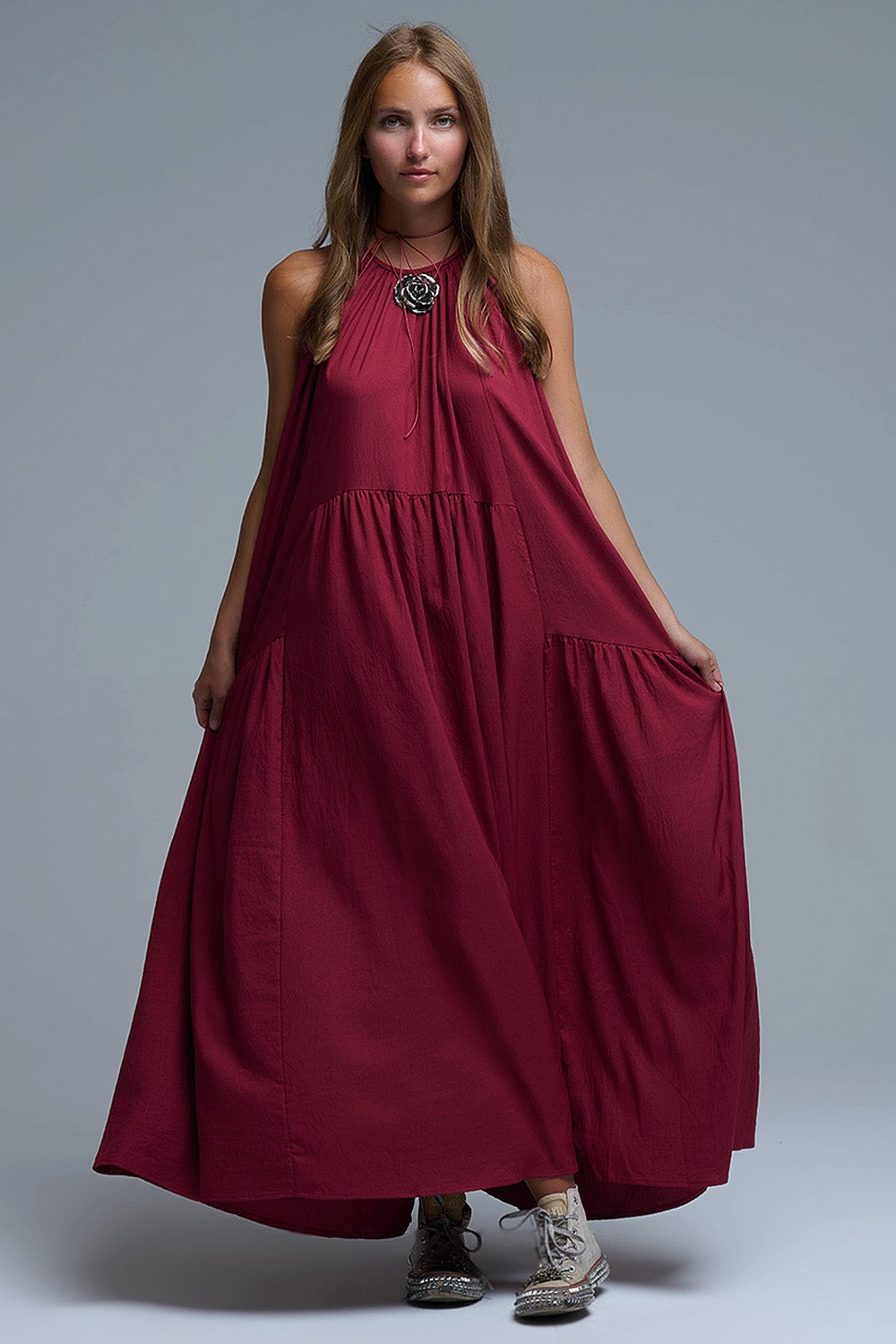 Q2 Burgundy Halter Neck Maxi Dress With Seam Detailing
