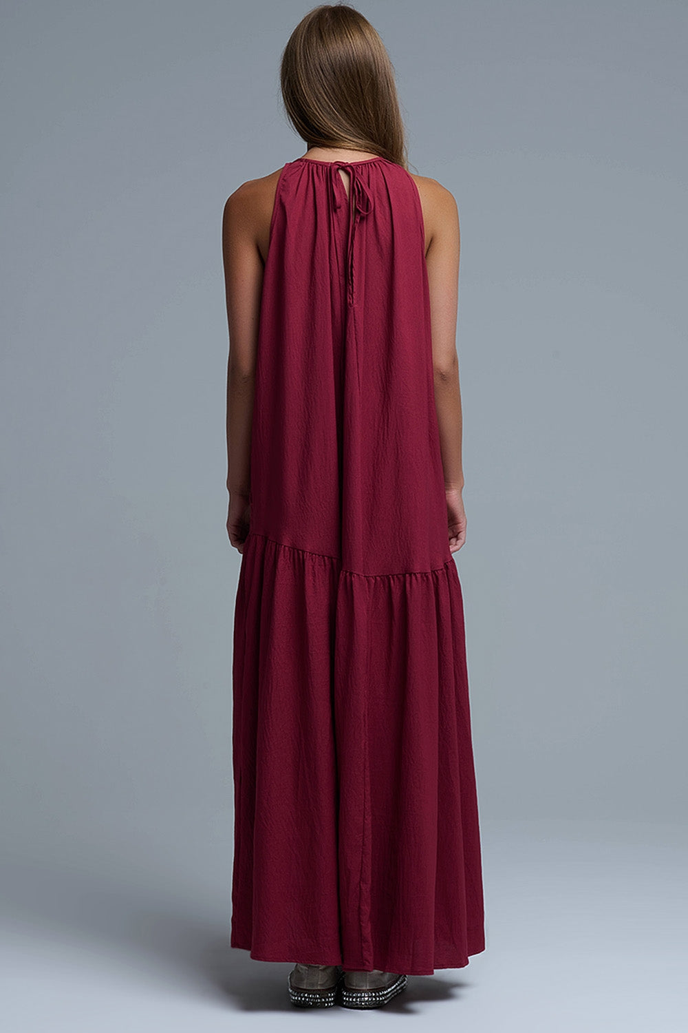 Burgundy Halter Neck Maxi Dress With Seam Detailing