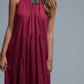 Burgundy Halter Neck Maxi Dress With Seam Detailing