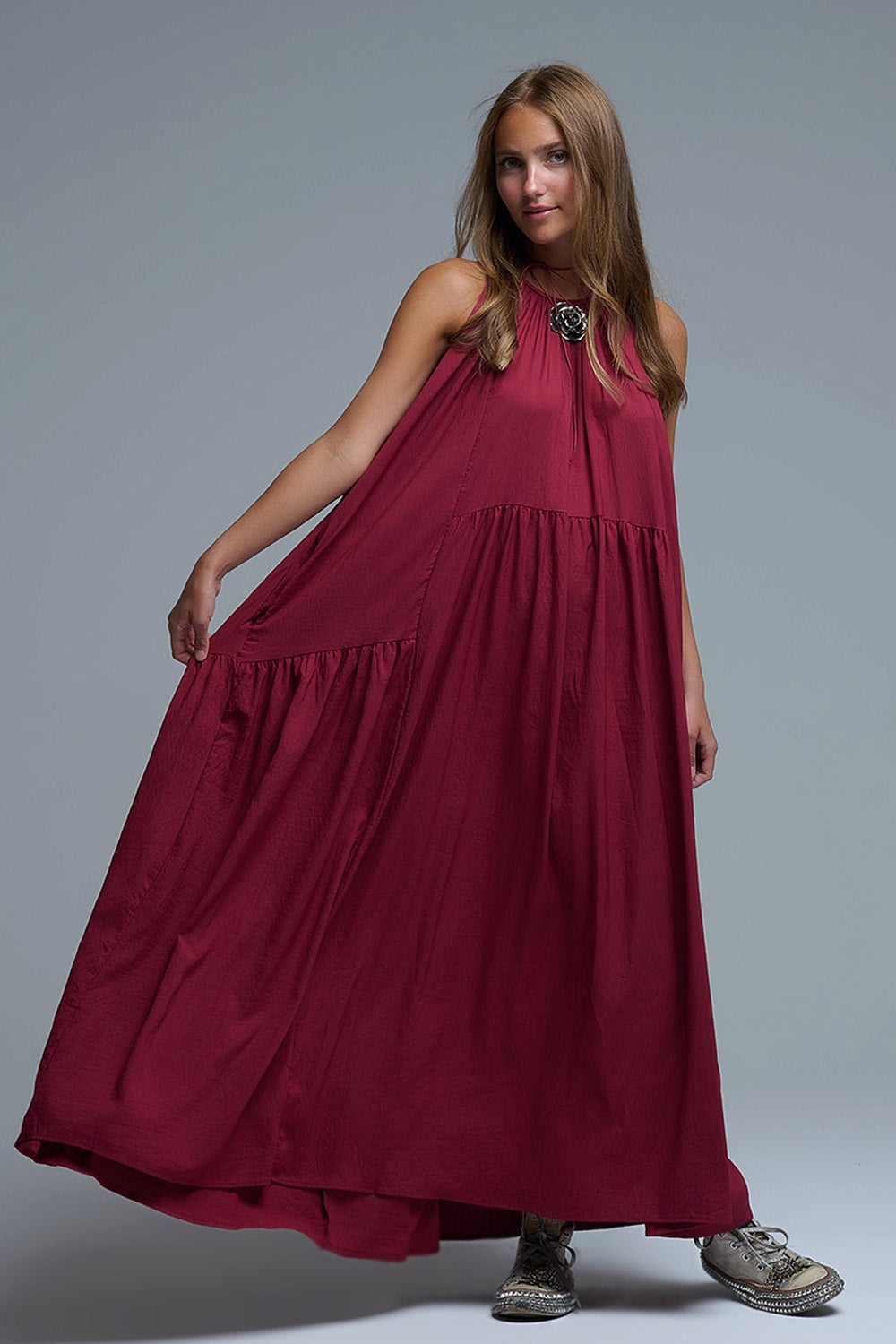 Burgundy Halter Neck Maxi Dress With Seam Detailing