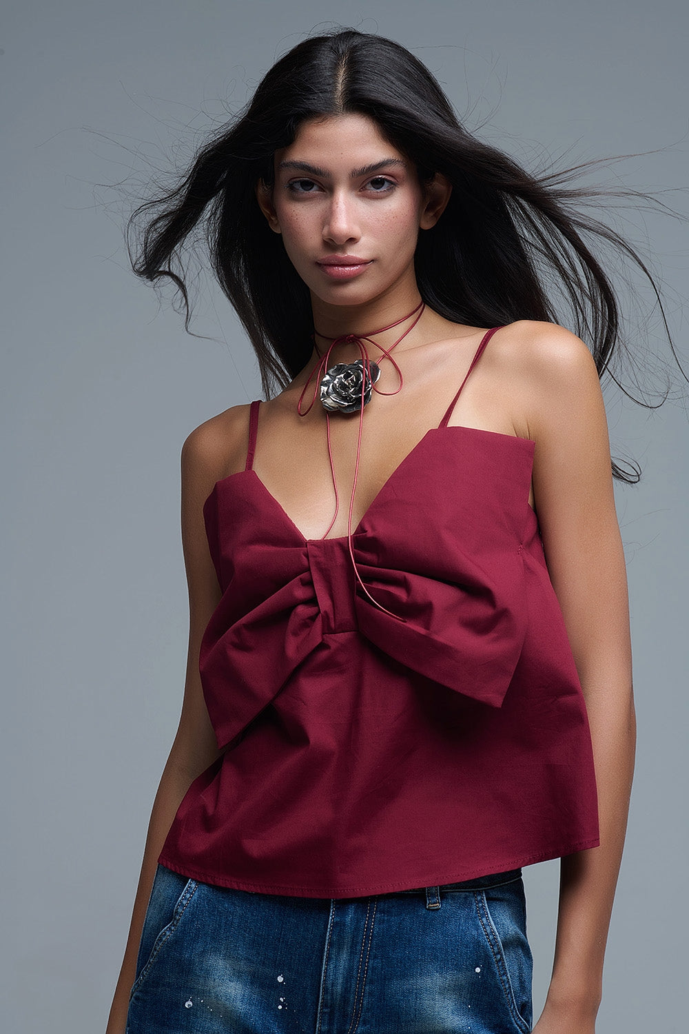 Burgundy poplin crop top with bow detail