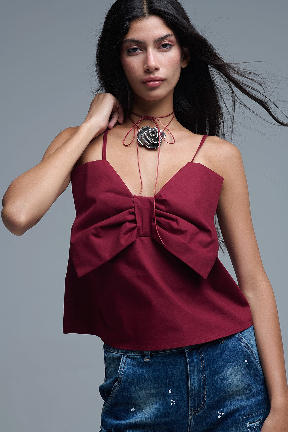 Q2 Burgundy poplin crop top with bow detail