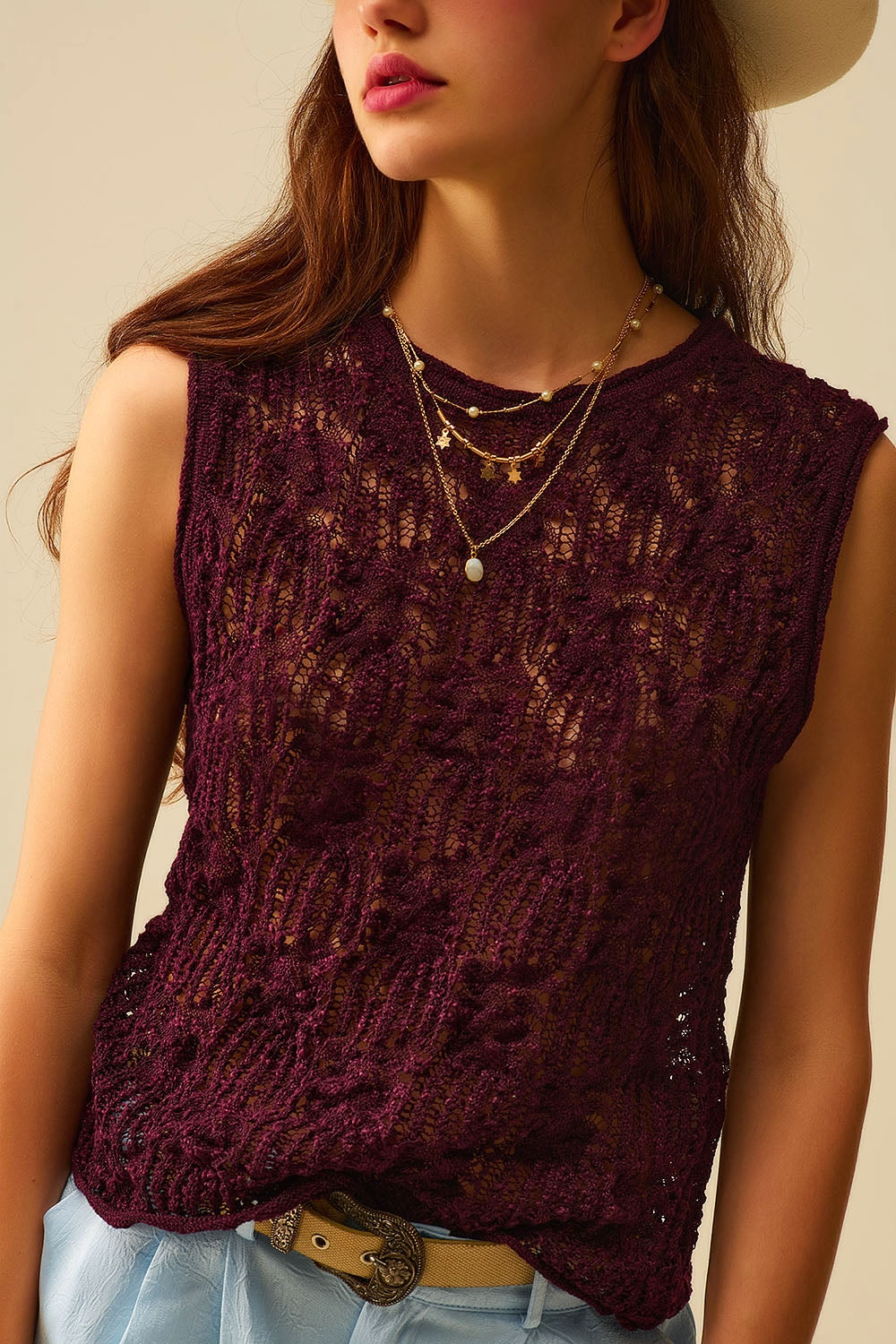 Burgundy Purple Crochet Sleeveless Sweater