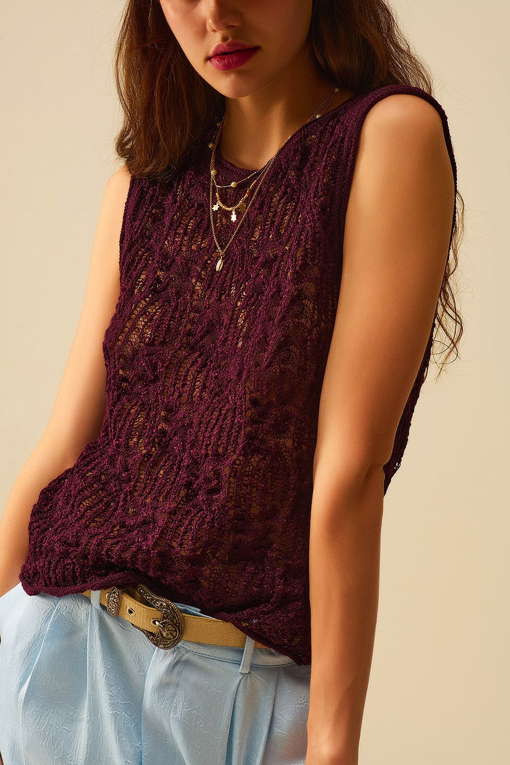 Burgundy Purple Crochet Sleeveless Sweater
