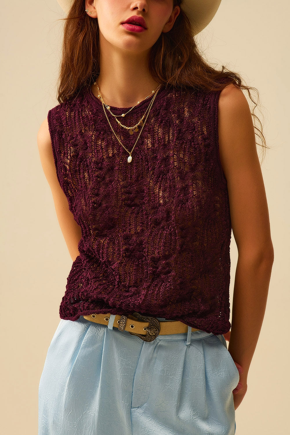 Q2 Burgundy Purple Crochet Sleeveless Sweater