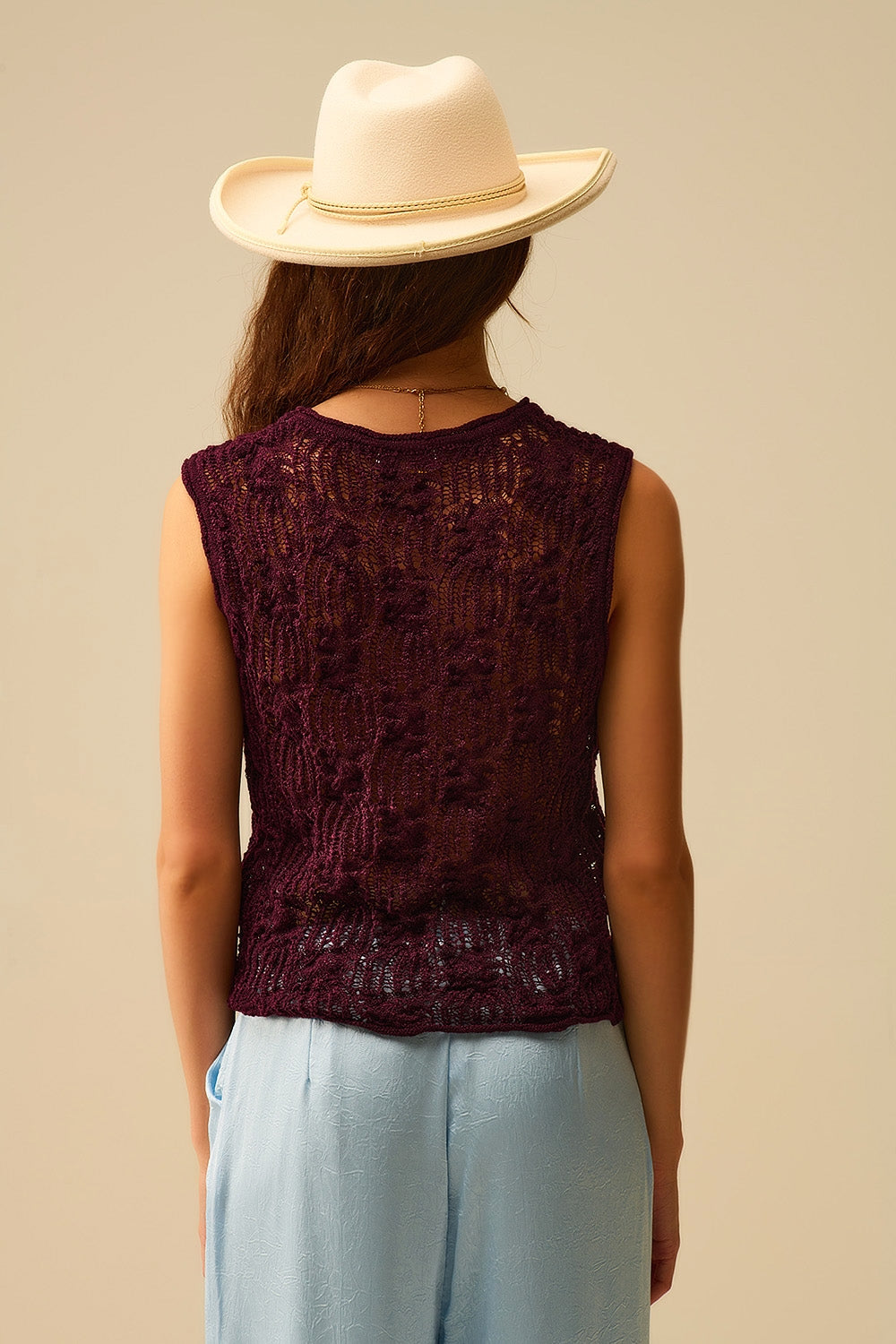 Burgundy Purple Crochet Sleeveless Sweater