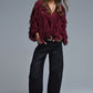 Burgundy V-Neck All Over Ruffle Blouse