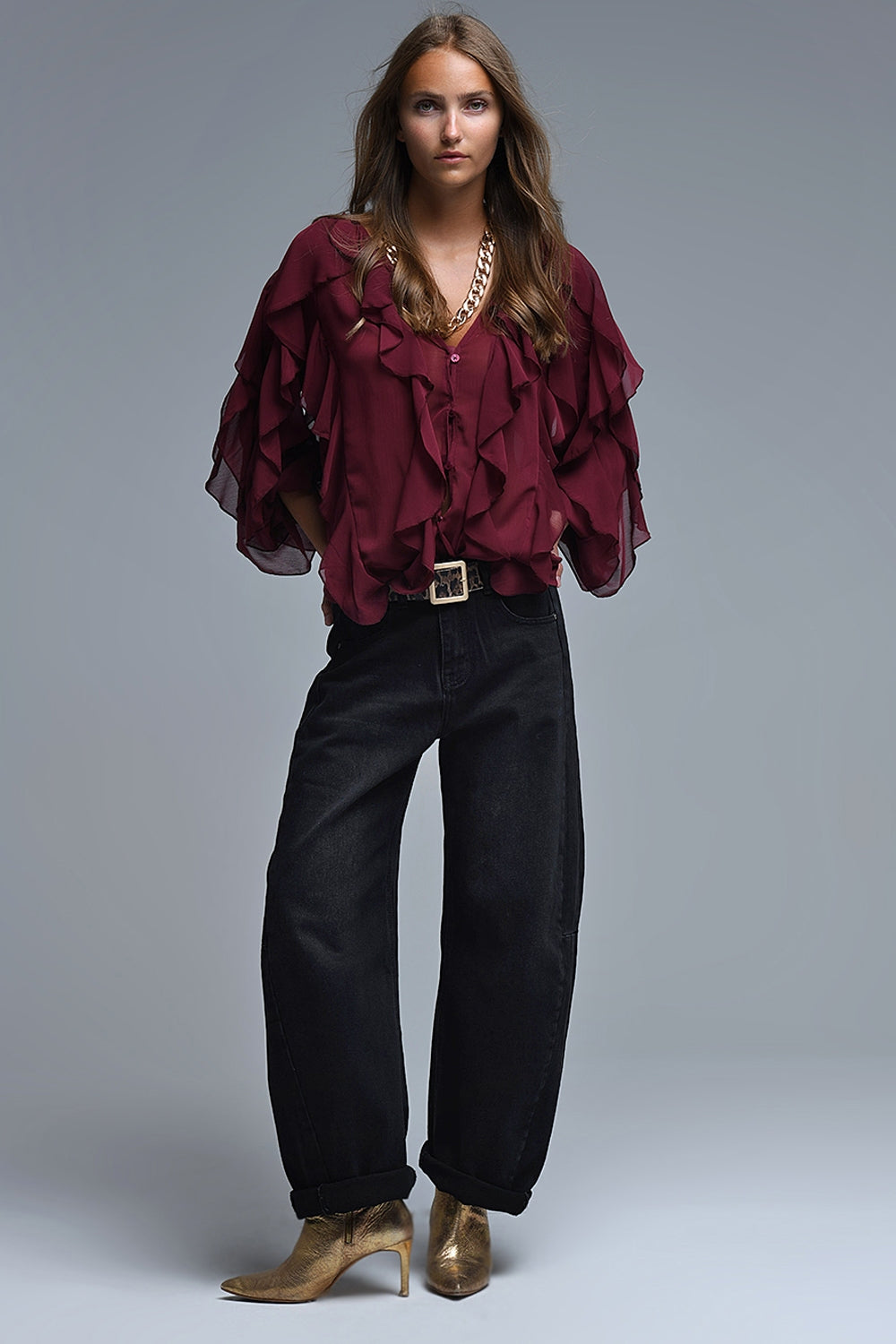 Burgundy V-Neck All Over Ruffle Blouse