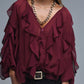Q2 Burgundy V-Neck All Over Ruffle Blouse