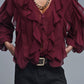 Burgundy V-Neck All Over Ruffle Blouse