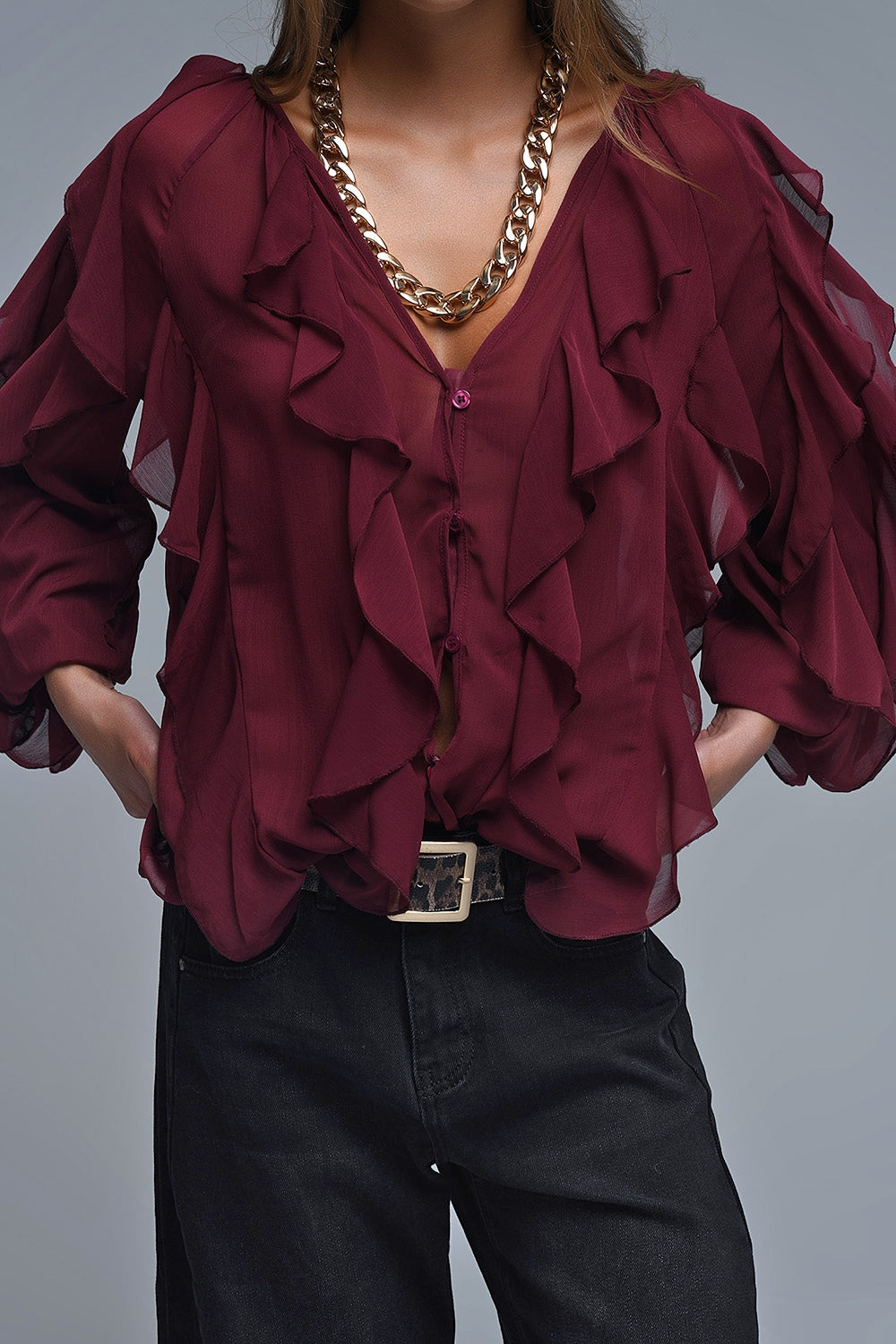 Burgundy V-Neck All Over Ruffle Blouse