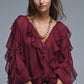 Burgundy V-Neck All Over Ruffle Blouse