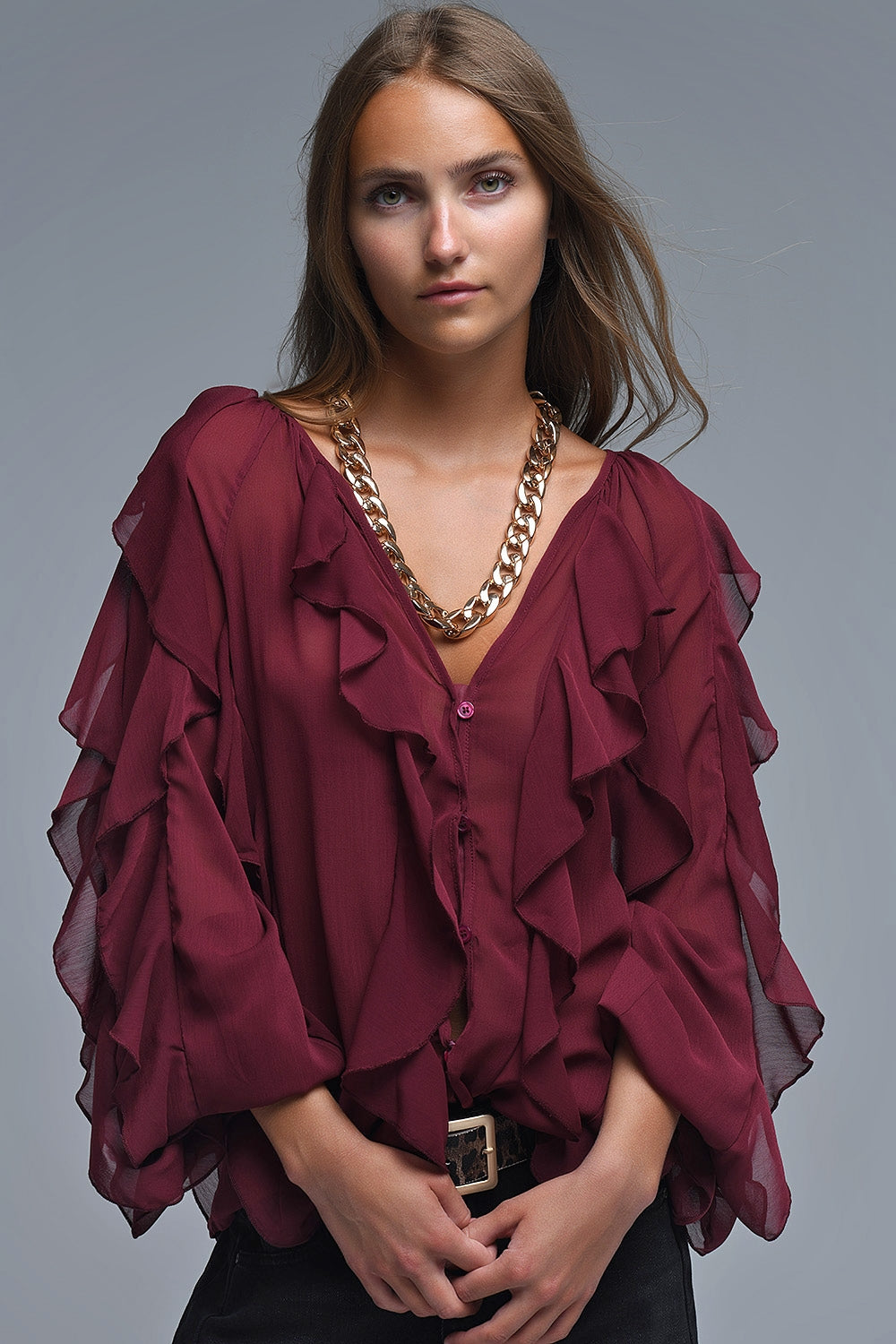 Burgundy V-Neck All Over Ruffle Blouse