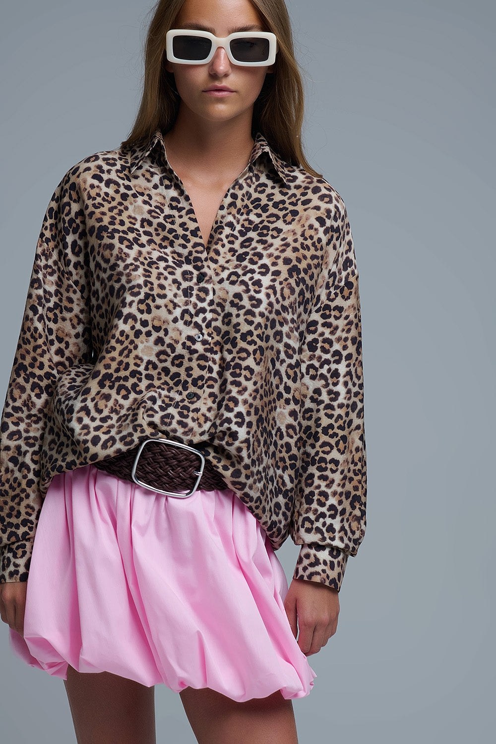 Q2 Button-Down Oversized Leopard Print Shirt