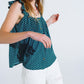 Q2 Button Up Blouse With Frilly Short Sleeves and Flower Print in Green