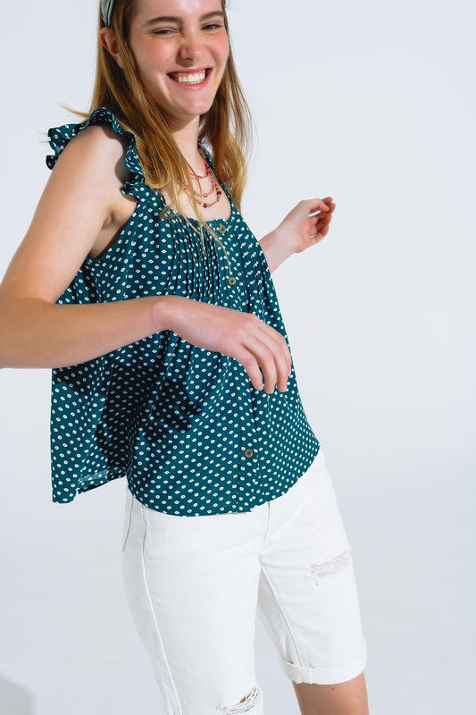 Q2 Button Up Blouse With Frilly Short Sleeves and Flower Print in Green