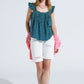 Button Up Blouse With Frilly Short Sleeves and Flower Print in Green