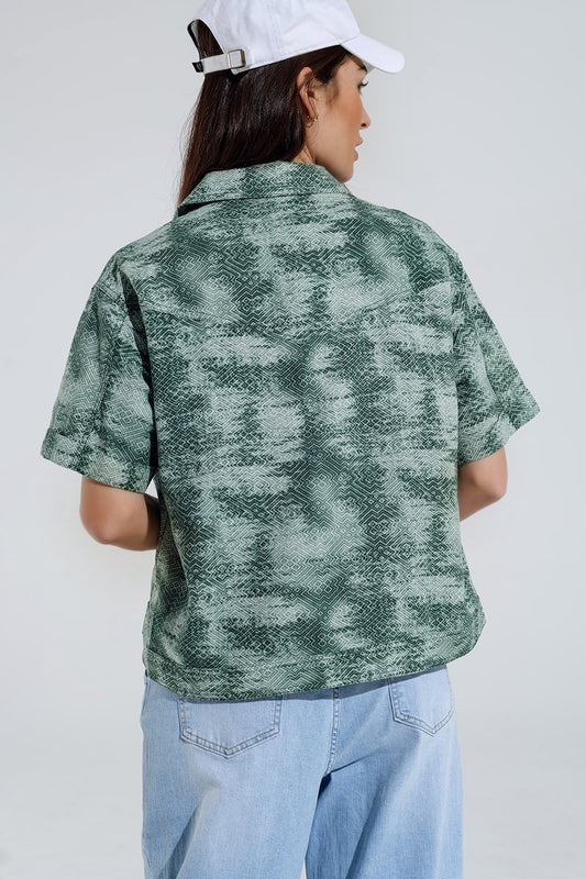 Button Up Polo Shirt In Tie Dye Green