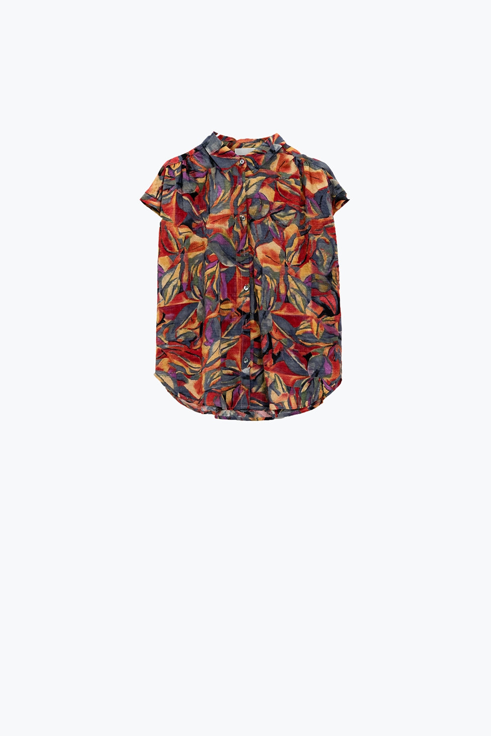 Button Up Relaxed Blouse With Short Sleeves In Red Multicolor Flower Print