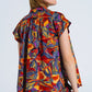 Button Up Relaxed Blouse With Short Sleeves In Red Multicolor Flower Print