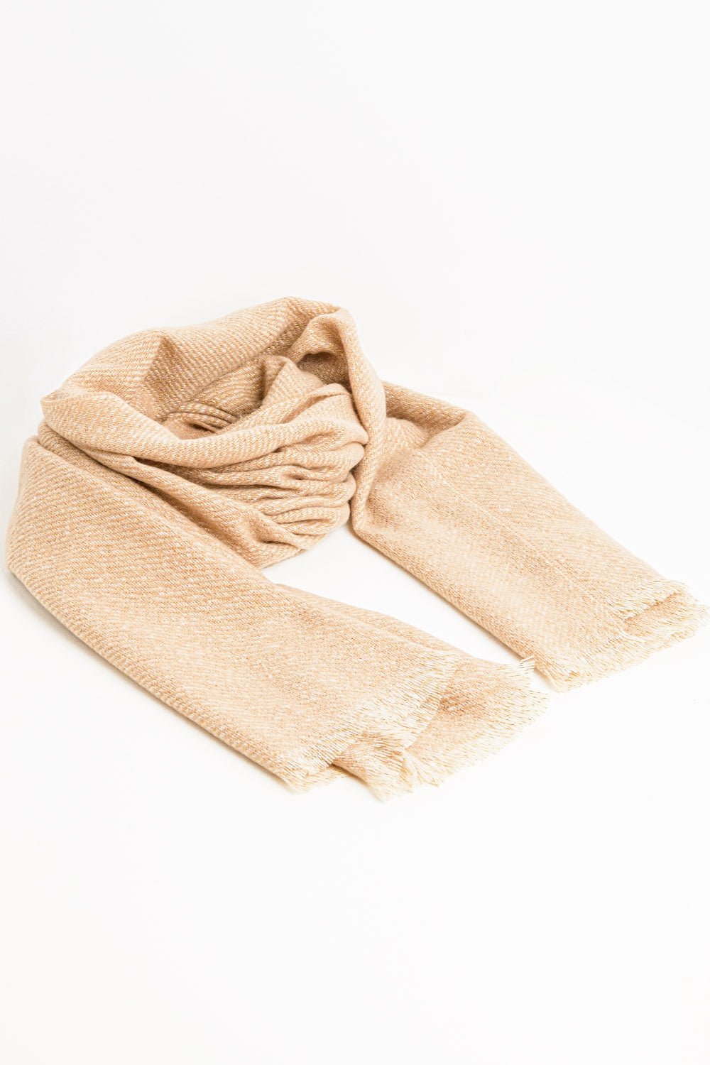 Camel-colored scarf with gold thread detail