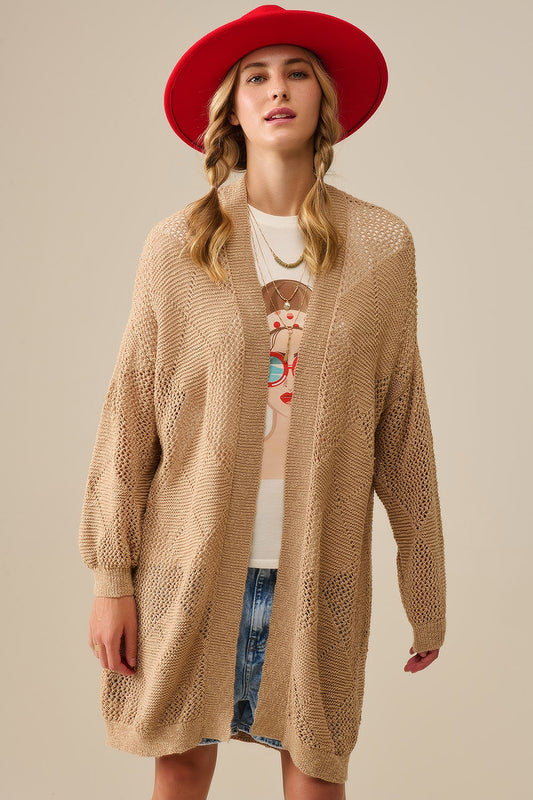 Camel Draped Cardigan With Crochet Design