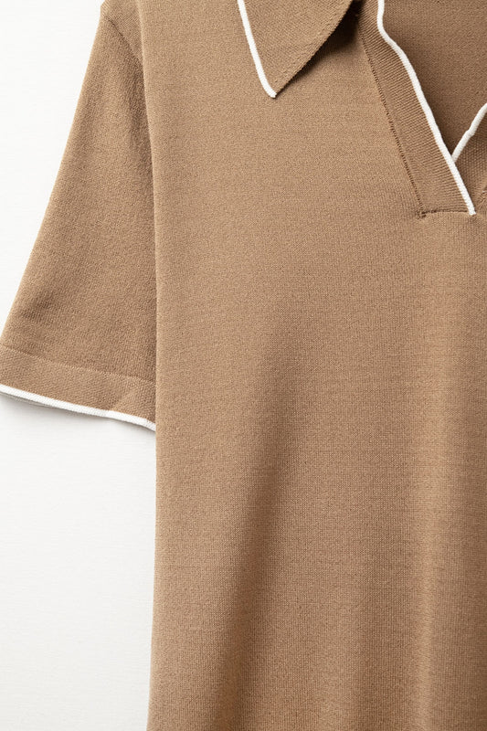 Camel knit polo shirt with contrasting detail