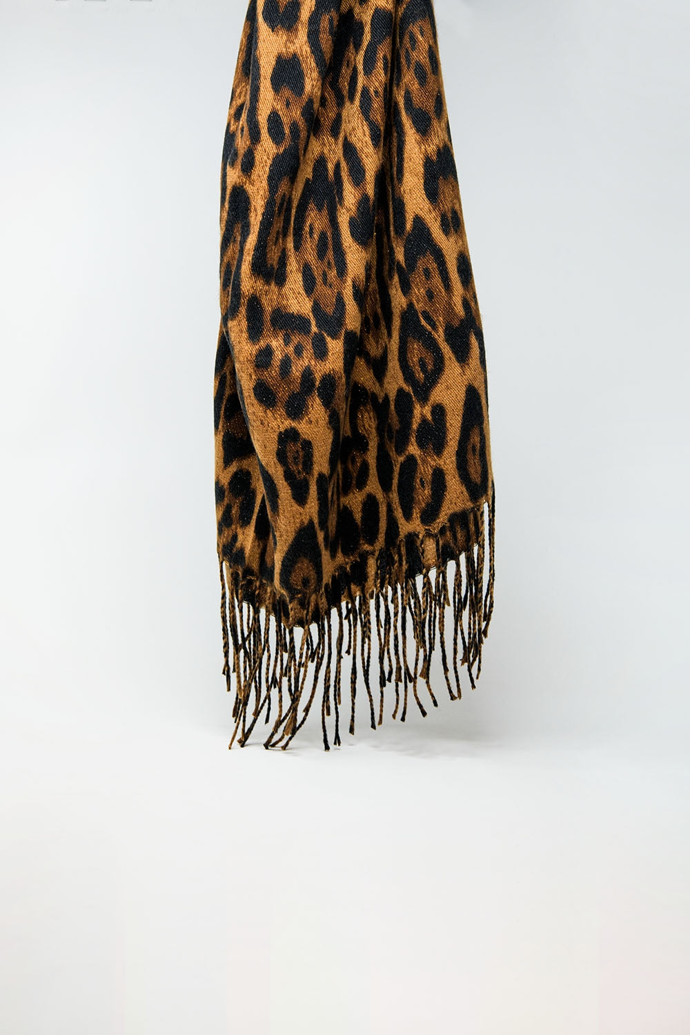 Q2 camel Leopard print fluffy knit scarf with rhinestone details