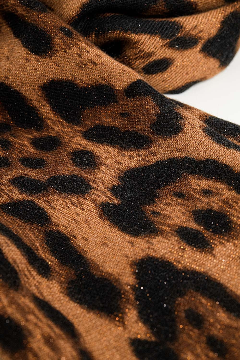 camel Leopard print fluffy knit scarf with rhinestone details