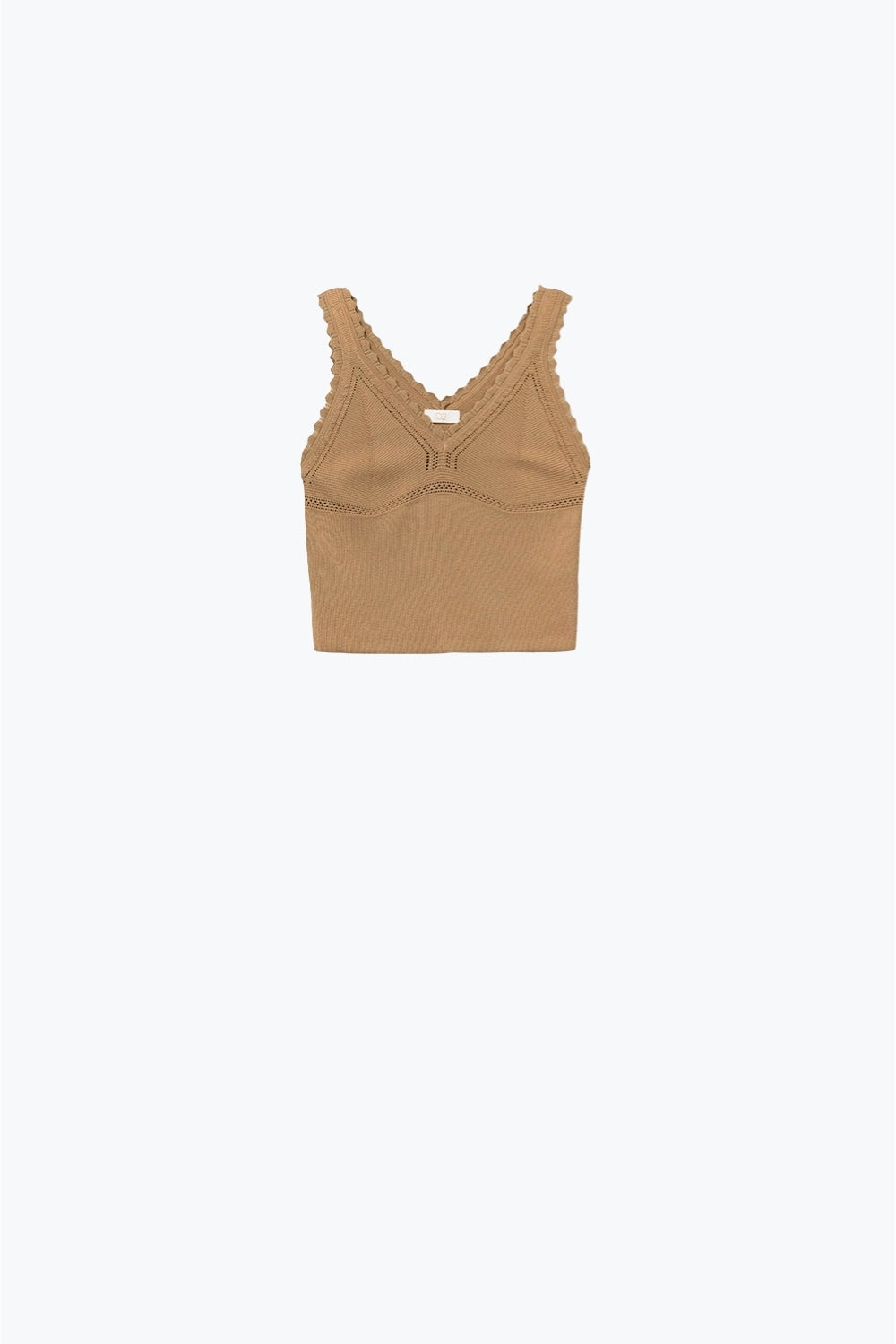 Q2 Camel Ribbed Knit Top with Scalloped V-Neck