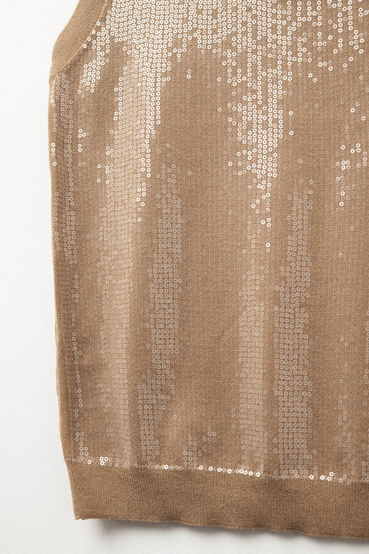 Camel sleeveless knitted sweater with sequins