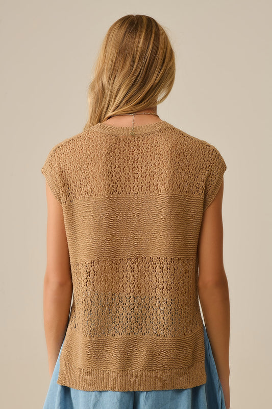 Camel sweater with soft open knit and dropped sleeves