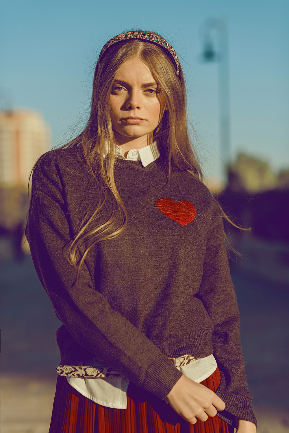 Q2 carbon grey sweater with red heart detail