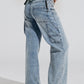 Cargo Style Bleached Jeans With Belt Like Strap Details At The Waist