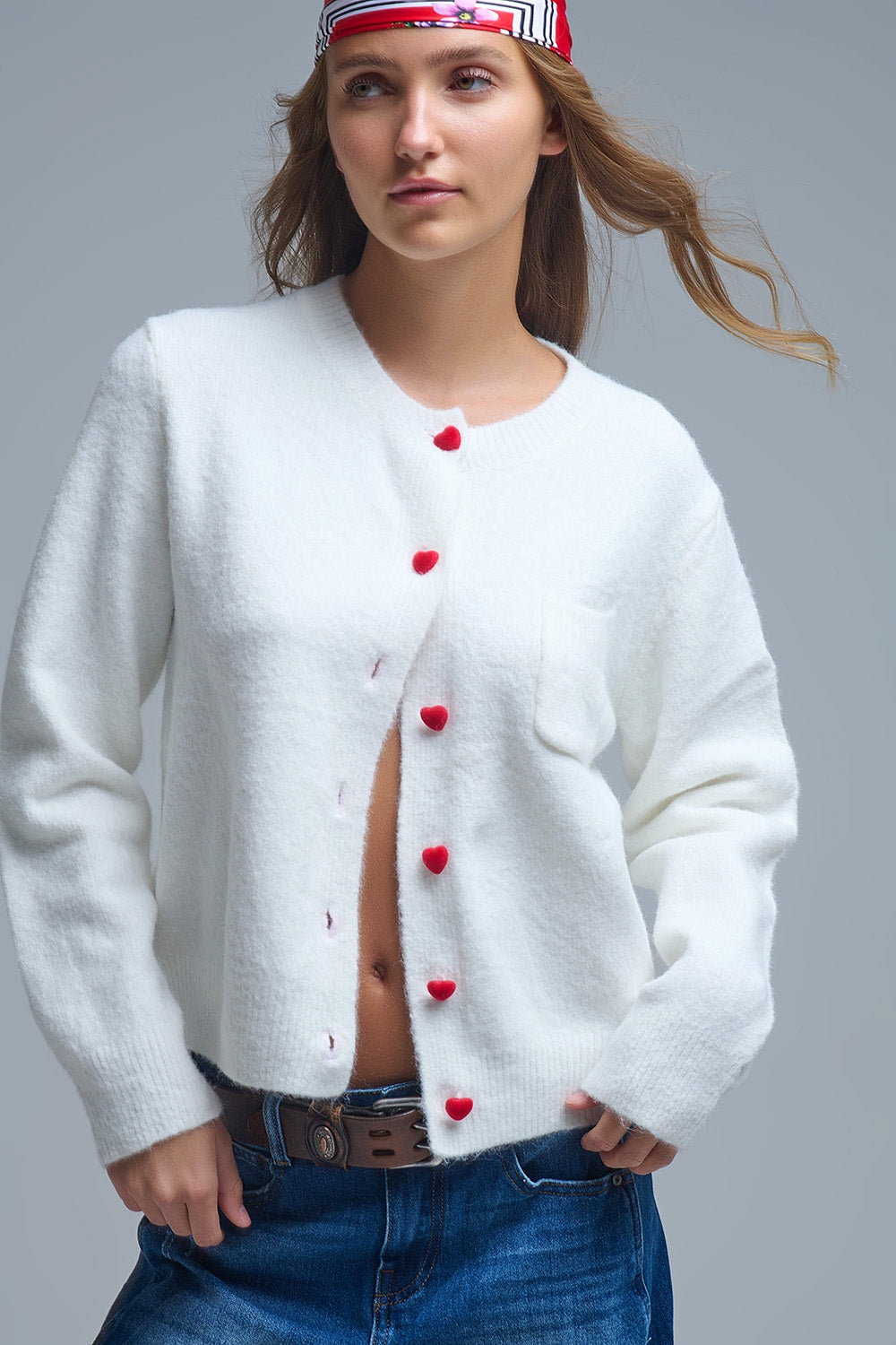 Q2 Charming White Cardigan with Heart Buttons