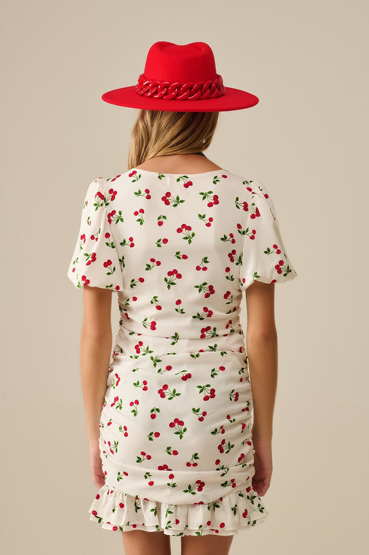 Cherry Puff Sleeve Mini Dress
