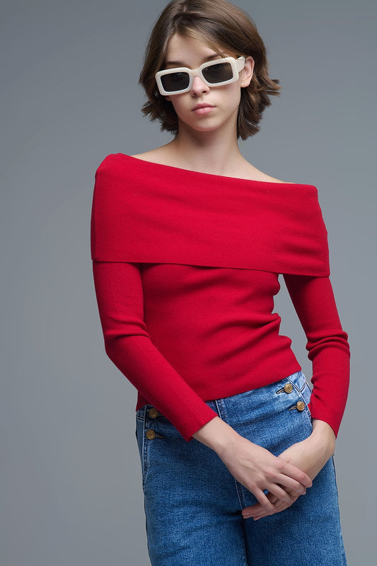 Chic Off-Shoulder Red Knit Top