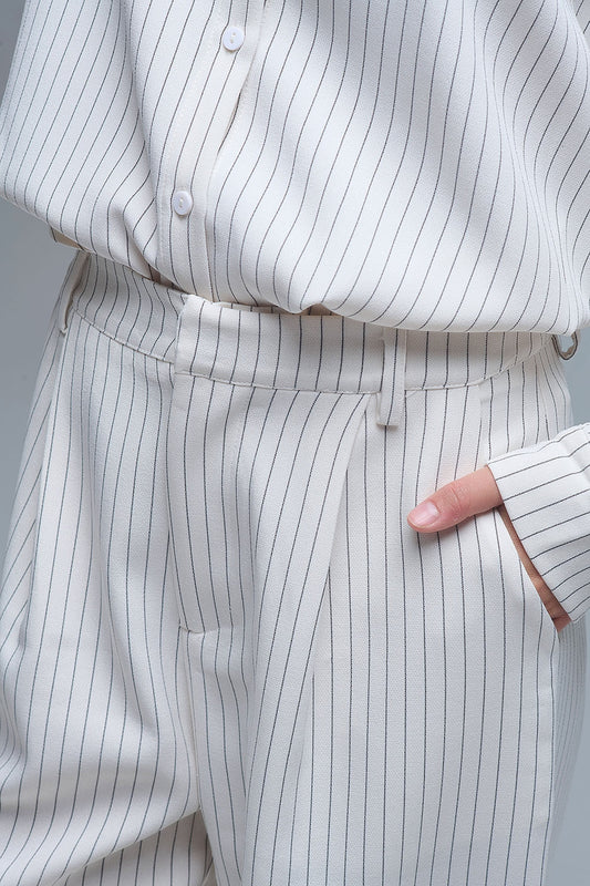 Chic Pinstripe Cream Wide-Leg Pants with Lined Fit