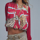 Q2 Chic Red Cropped Blouse with Abstract Print