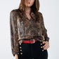 Q2 chiffon blouse in brown leopard print