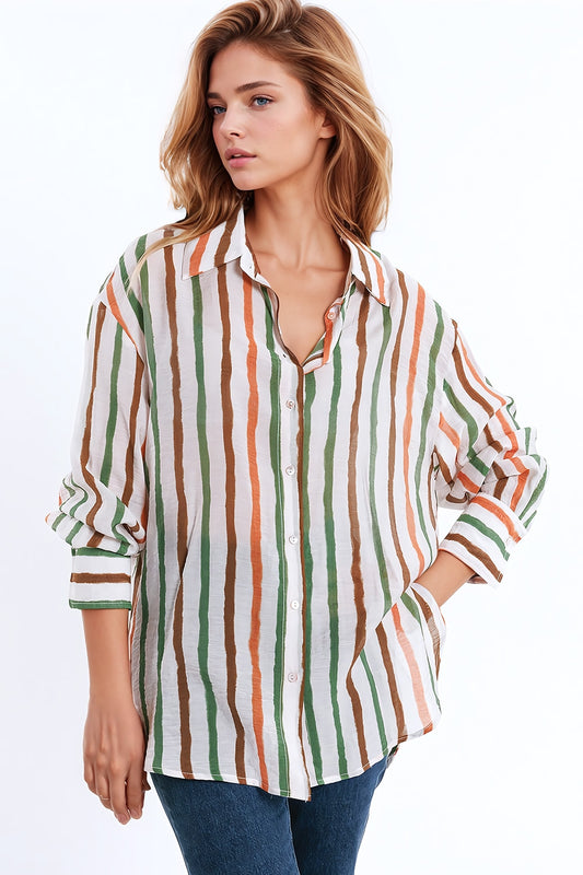 Q2 chiffon long sleeve shirt with multicolor stripes green and brown