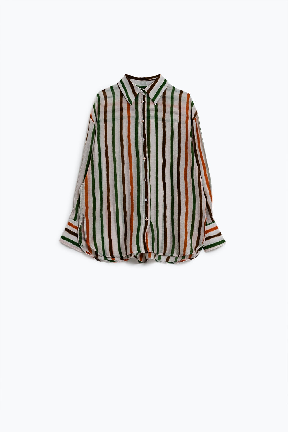 Chiffon long sleeve shirt with multicolor stripes green and brown