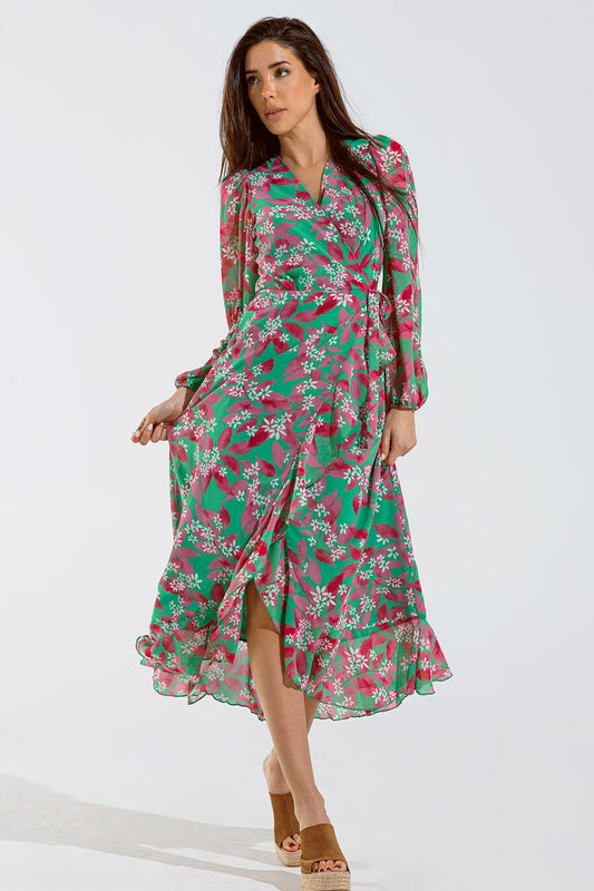 Q2 Chiffon maxi Dress With Floral Print in Green