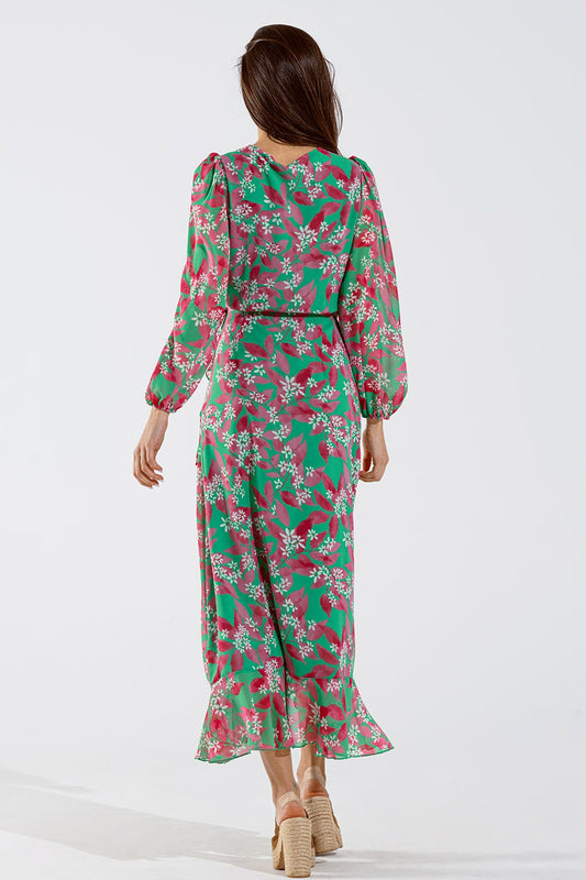 Chiffon maxi Dress With Floral Print in Green