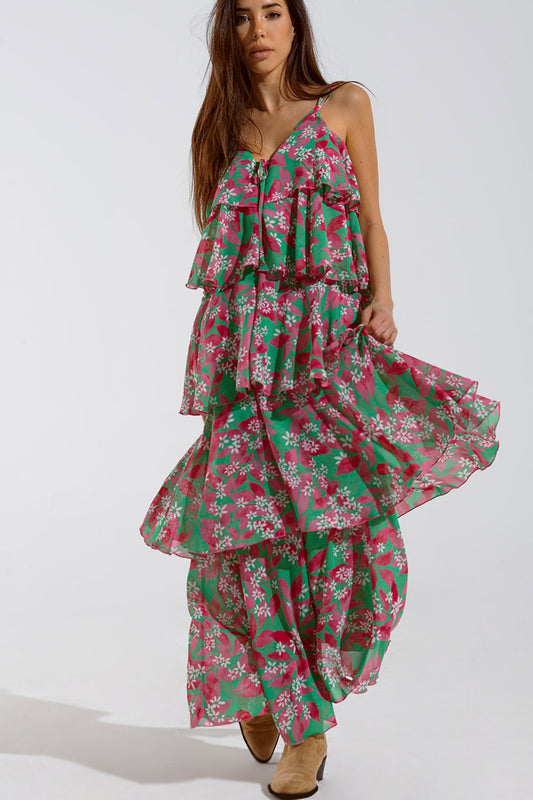 Q2 Chiffon Ruche Layered Maxi Dress With Floral Design