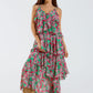 Chiffon Ruche Layered Maxi Dress With Floral Design